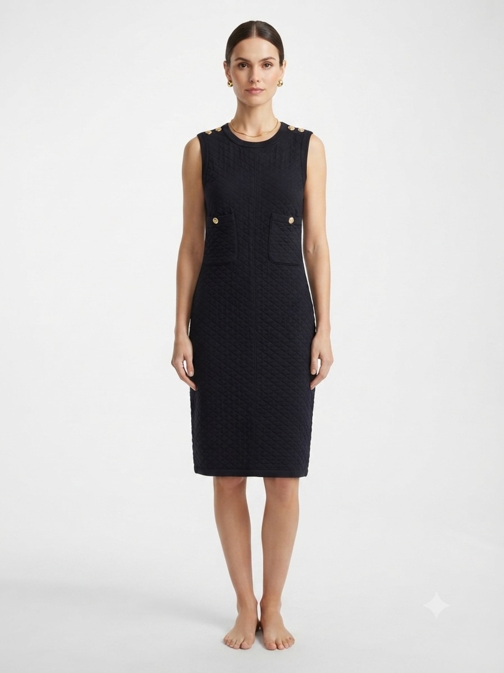 Adrienne Vittadini Petites Small Quilted Black Cotton Knit Dress Gold Buttons